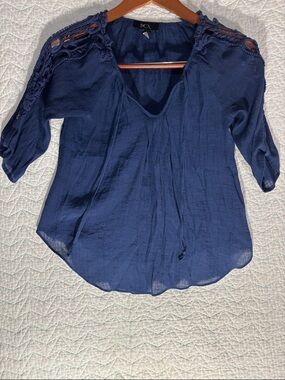 BCX Navy Crochet-Shoulder V-Neck Peasant Top